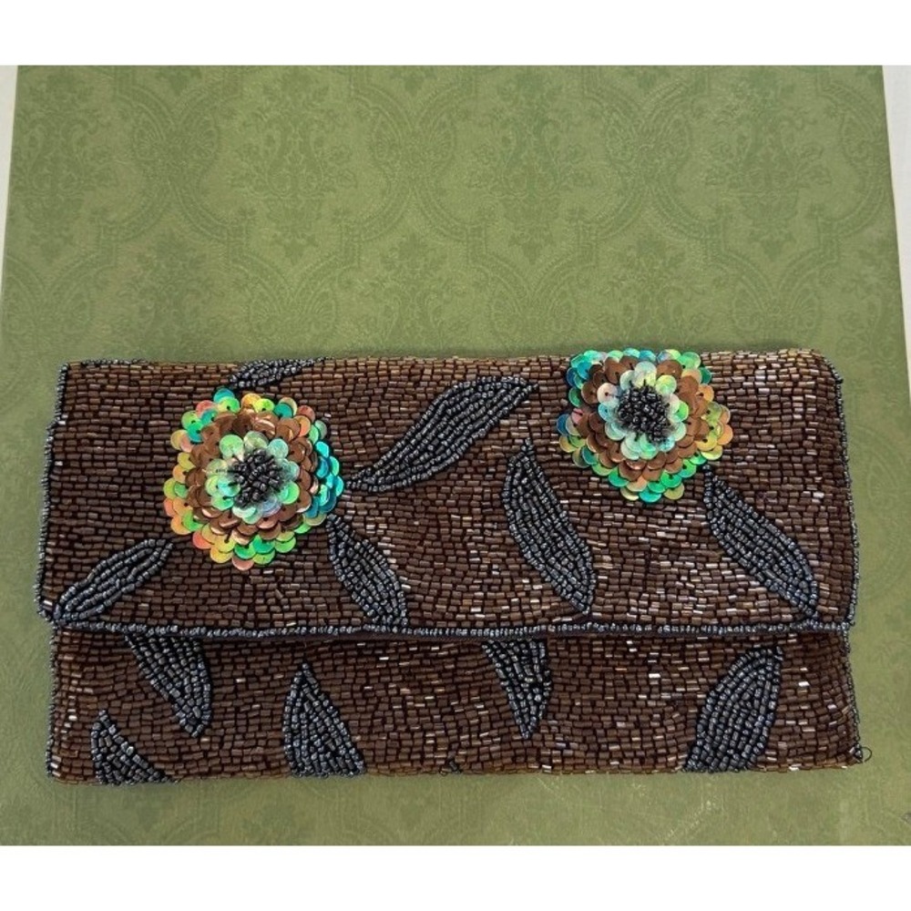 Vintage Beaded Envelope Clutch Bronze Iridescent Floral Sequin Evening Bag